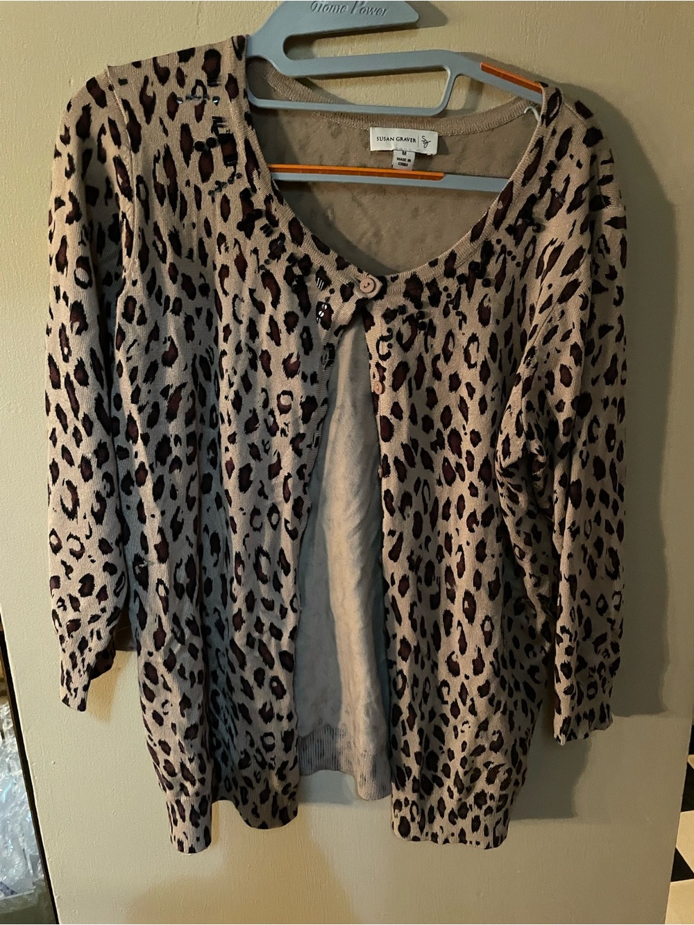 Susan Graver tan and black Leopard Print Cardigan with beaded detail